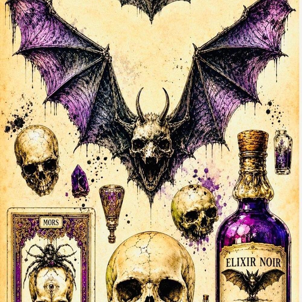 5x7 Framed Gothic Bat & Skull Art Print – Purple Apothecary Wall Decor
